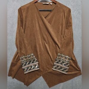 Soft Surroundings Faux Suede Tan Open Waterfall Cardigan Blazer Size Large